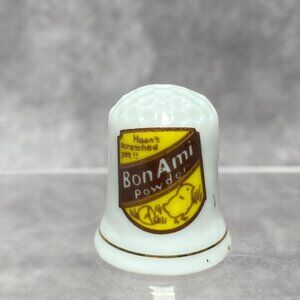 Vintage Bon Ami Powder Porcelain Thimble With Chick Logo & Gold Trim